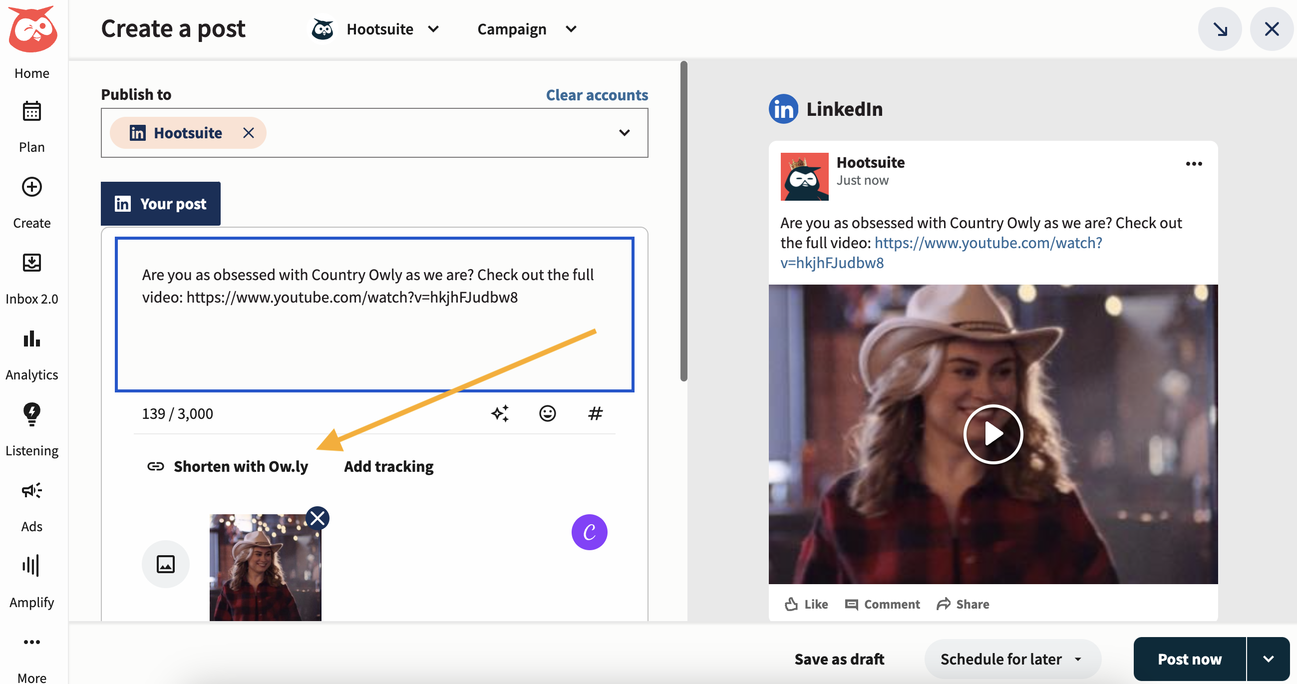Screenshot of a social media publishing tool showing a LinkedIn post being written on the left and a LinkedIn preview on the right with like, comment, and share buttons.